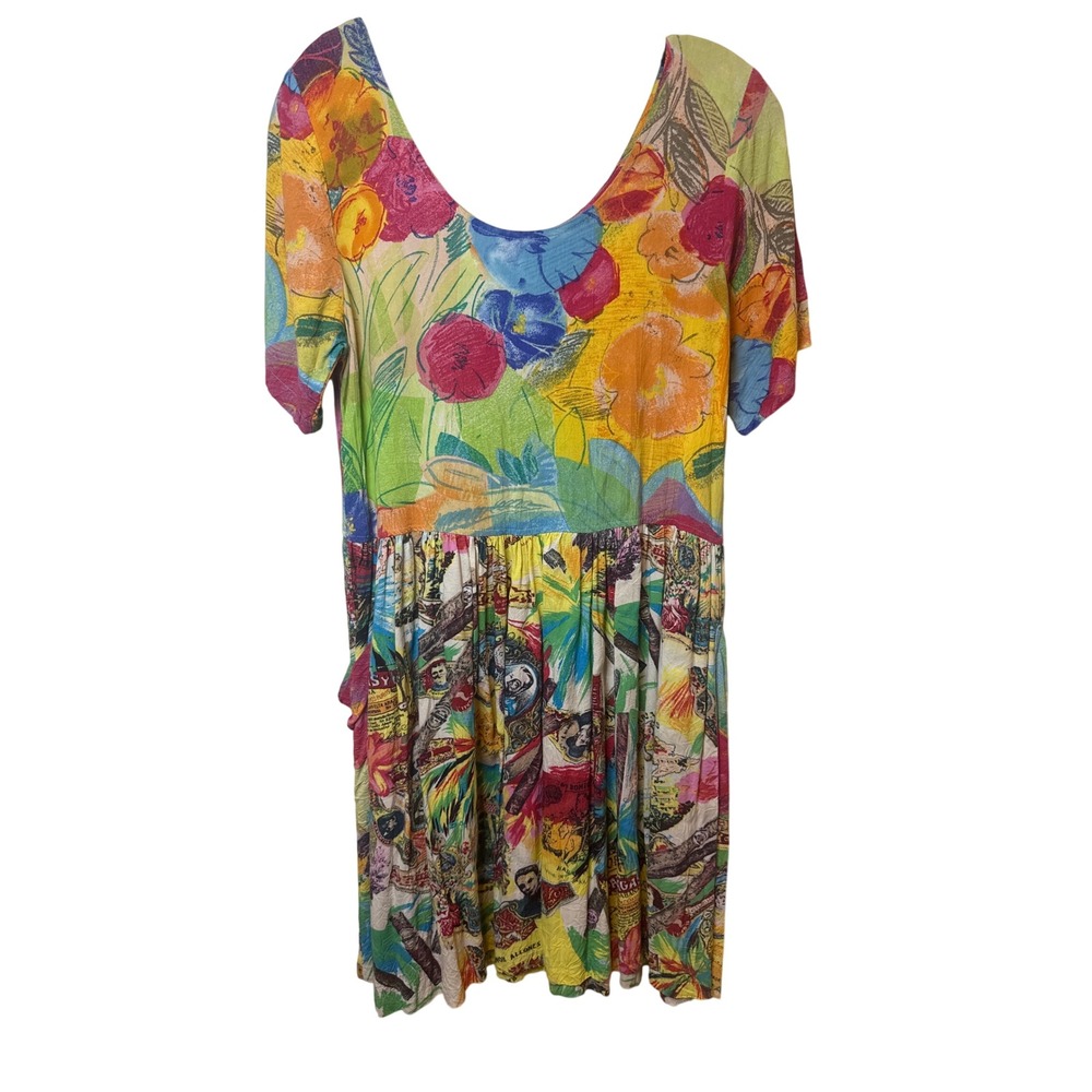 Jams World Vintage Floral Havana Cigar Label Rayon Babydoll Dress Womens Small